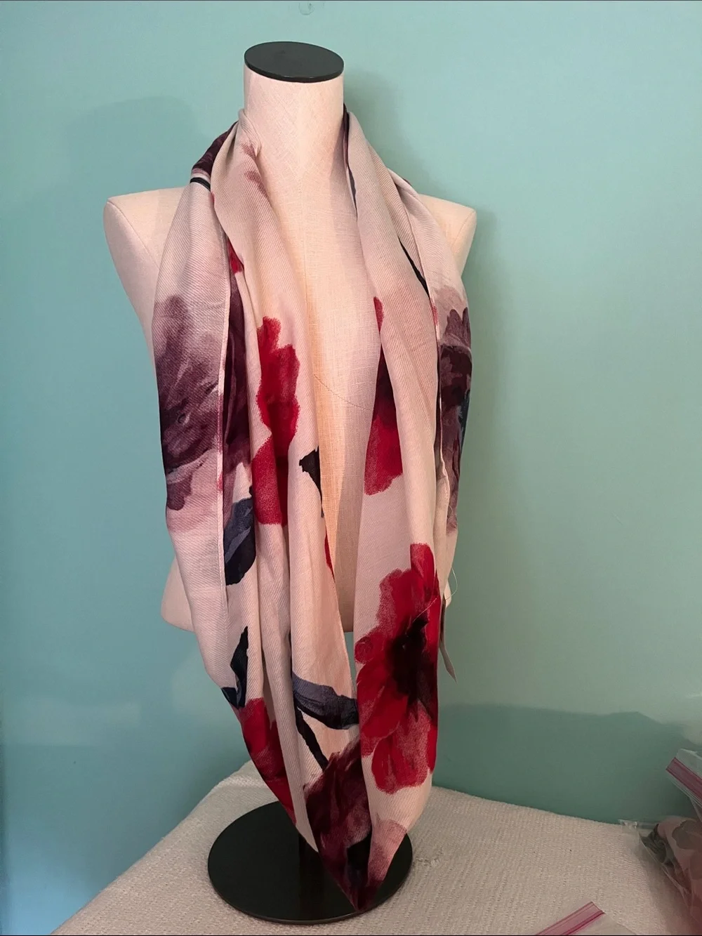 J. Jill Cream Infinity Scarf with Red and blue Floral Accents